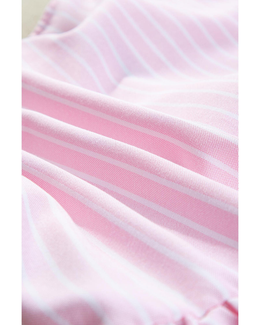 Pink Stripe Bowknot Front Crew Neck Puff Sleeve Blouse - M