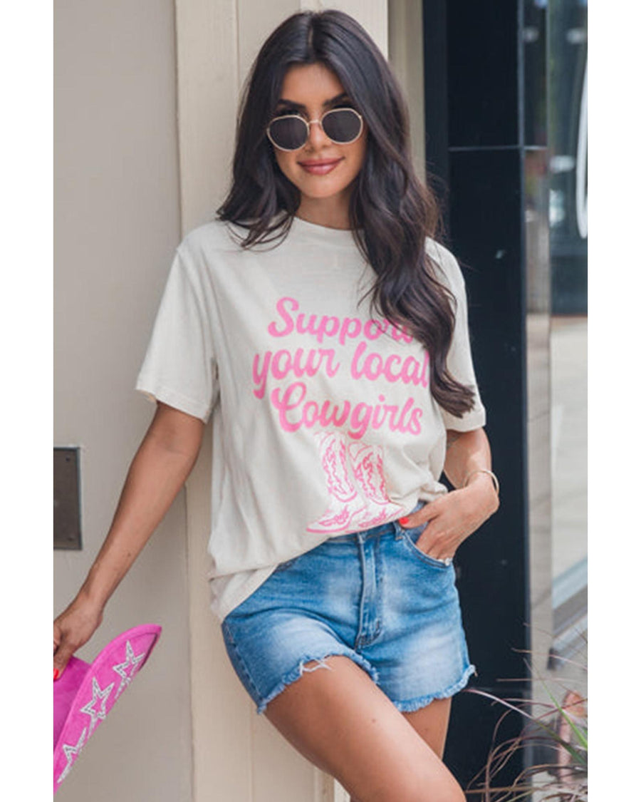 White Support Your Local Cowgirls Boots Print Crewneck Tee - XL