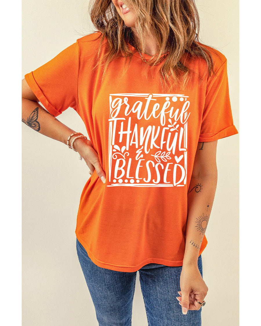 Orange Grateful Thankful Blessed Printed Thanksgiving T Shirt - S