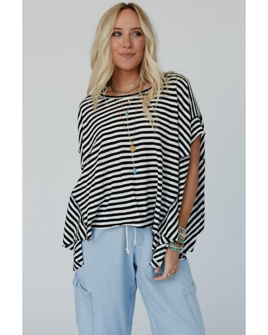 Black Stripe Batwing Sleeve Crewneck Oversized Top - XL