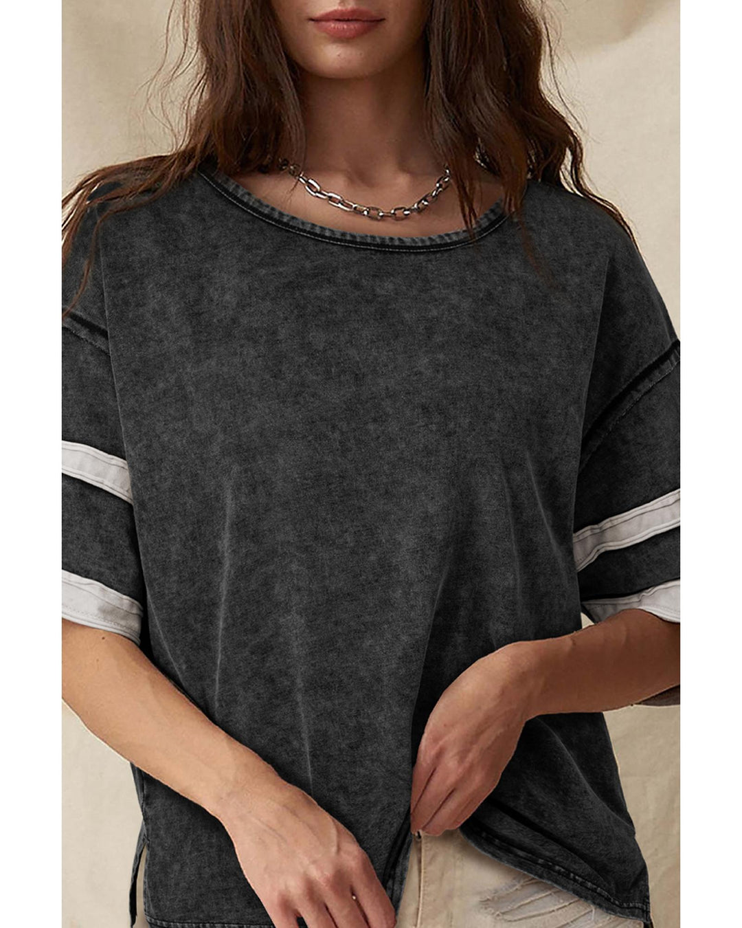 Black Varsity Stripe Half Sleeve Vintage Tee - L