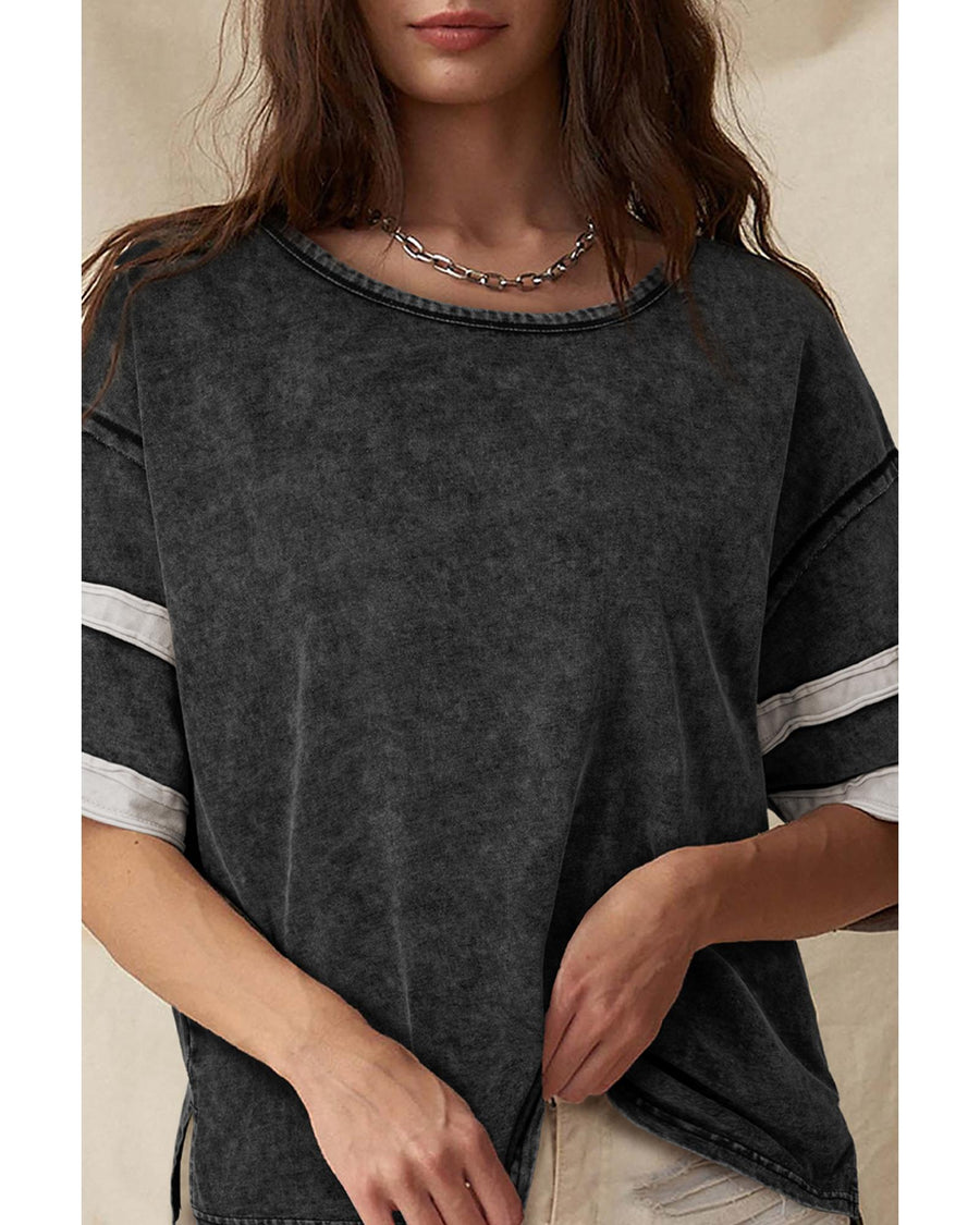 Black Varsity Stripe Half Sleeve Vintage Tee - M