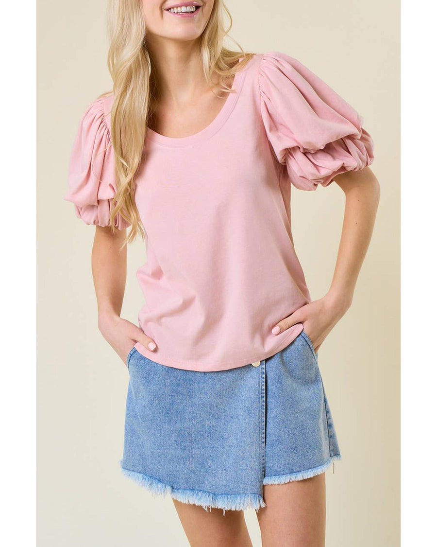 Light Pink Scoop Neck Bubble Sleeve Tee - XL