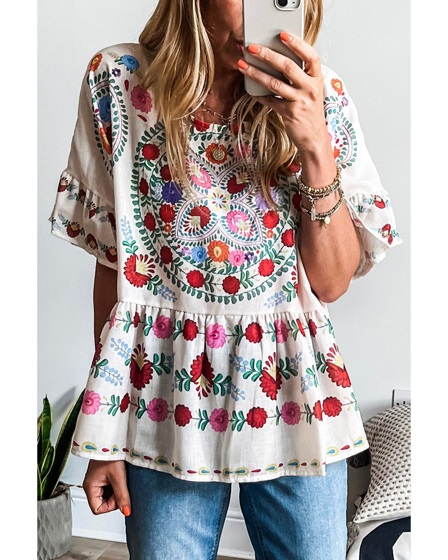 White Boho Floral Print Round Neck Ruffle Trim Blouse - S