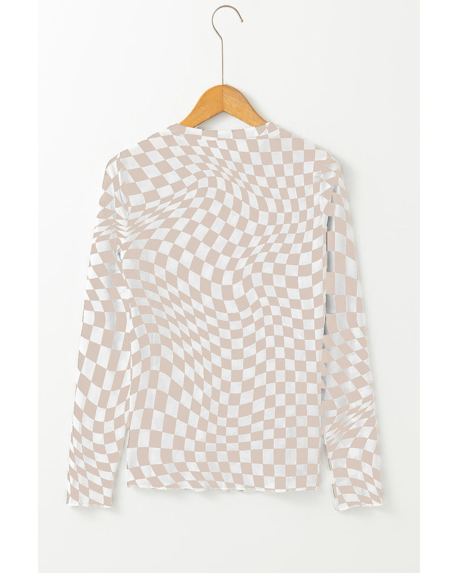 Khaki Checkered Pattern Mesh Mock Neck Long Sleeve Top - XL