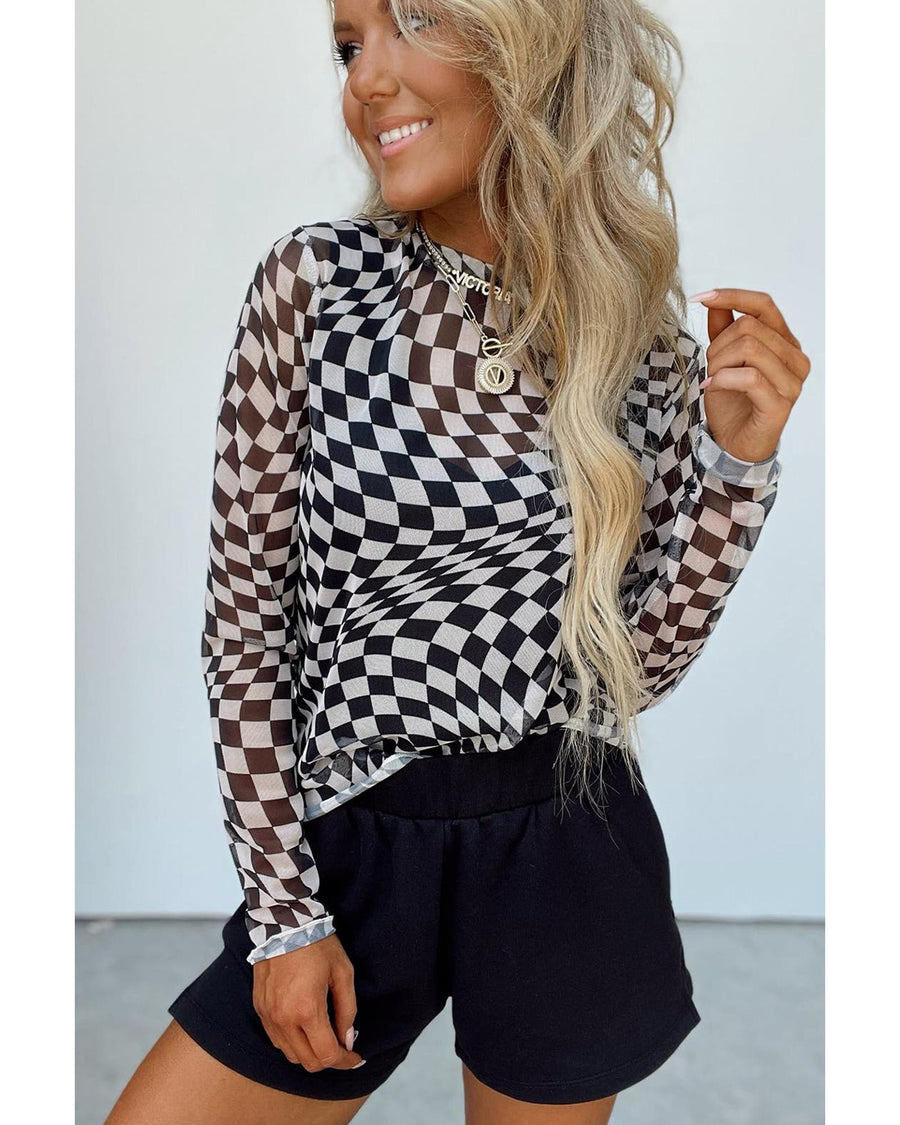 Black Checkered Pattern Mesh Mock Neck Long Sleeve Top - S