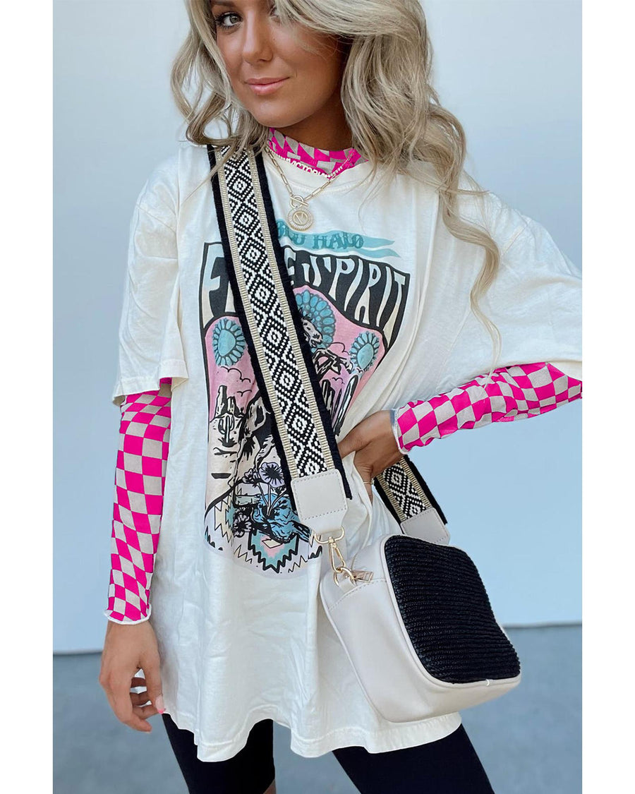 Rose Checkered Pattern Mesh Mock Neck Long Sleeve Top - S
