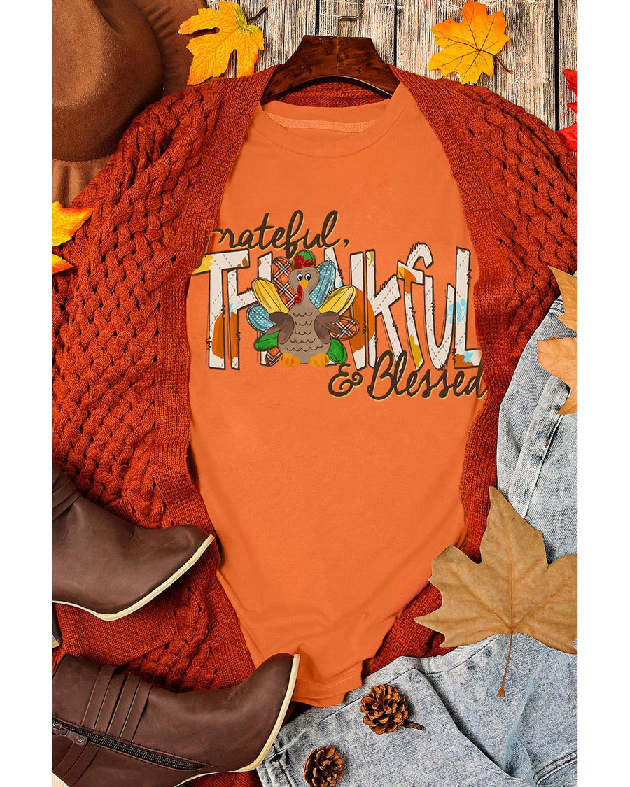 Orange Grateful Thankful Blessed Turkey Graphic Thanksgiving T Shirt - S