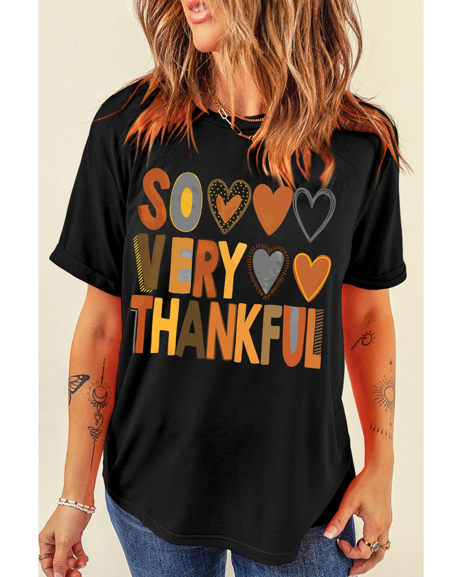 Black So Very Thankful Heart Printed Crewneck Thanksgiving T Shirt - 2XL