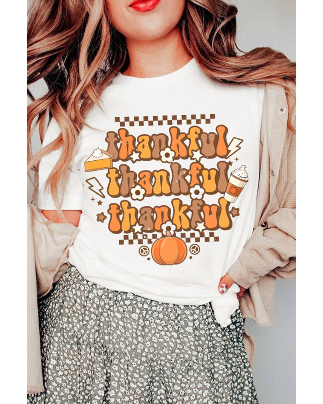 Khaki thankful Crew Neck Thanksgiving Graphic Tee - L