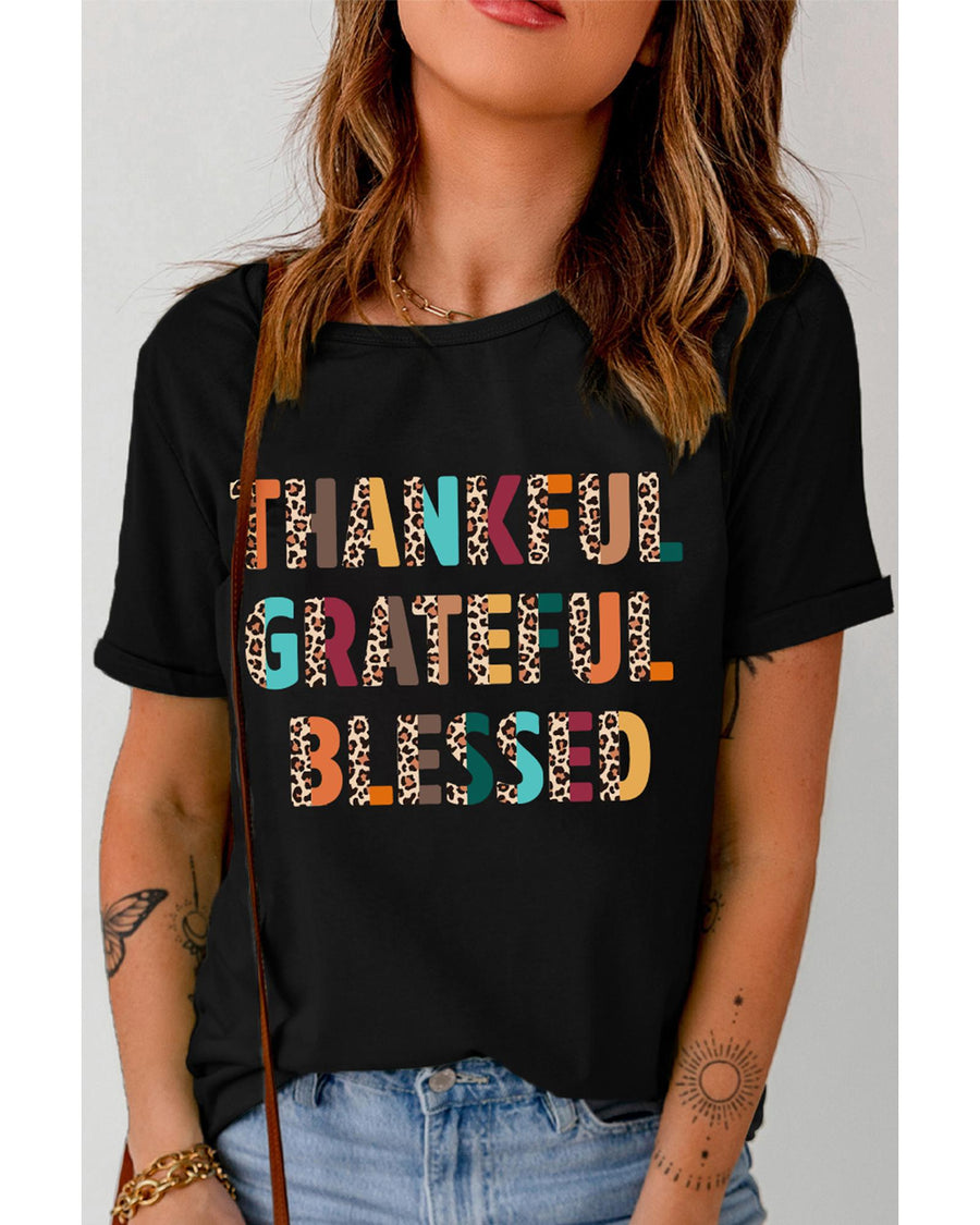 Black Thankful Grateful Blessed Leopard Print Crewneck T Shirt - S