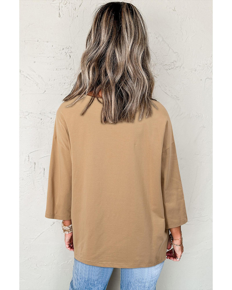 Camel Floral Star Patchwork 3/4 Long Sleeve Top - S