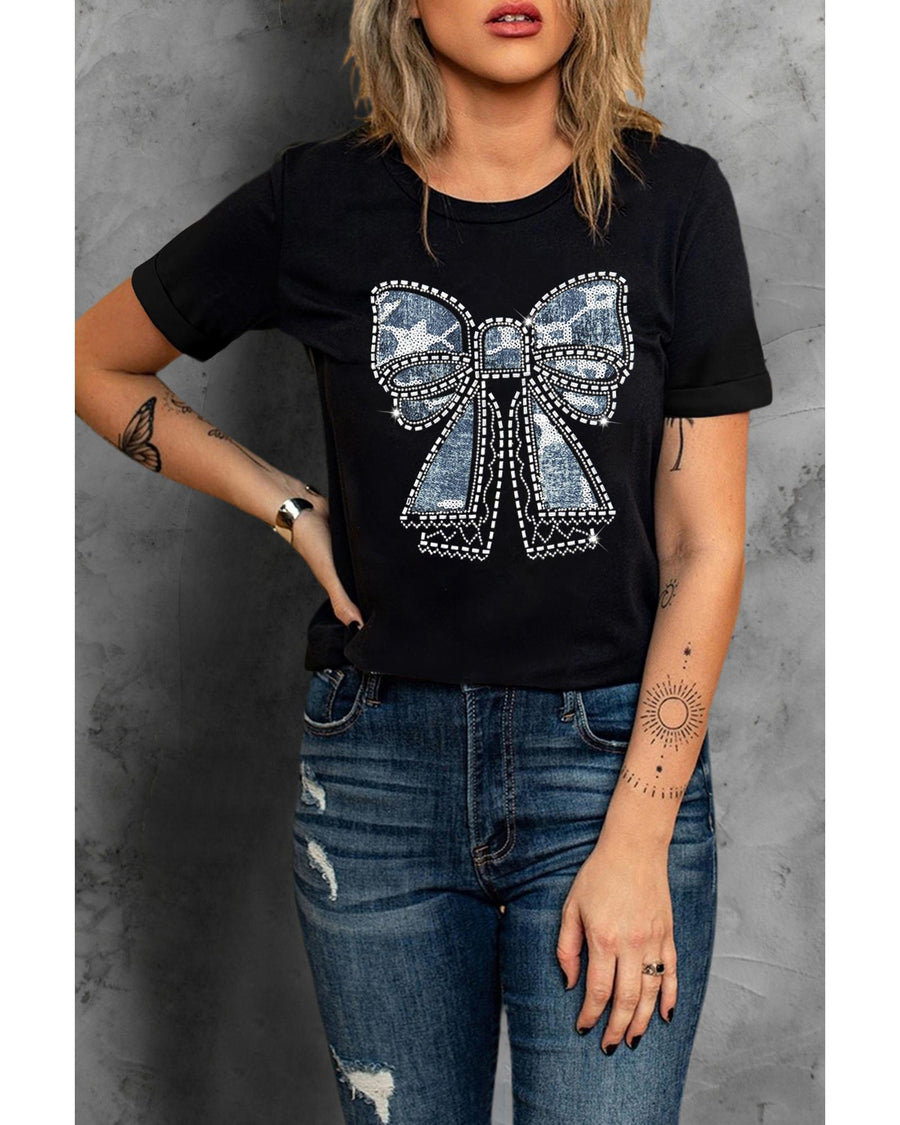 Black Rhinestone Bowknot Graphic Crewneck T Shirt - M