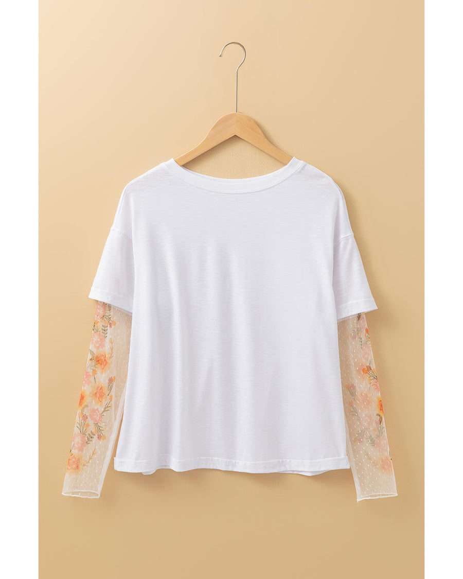 White Faux Two Piece Floral Long Sleeve Patchwork Tee - M