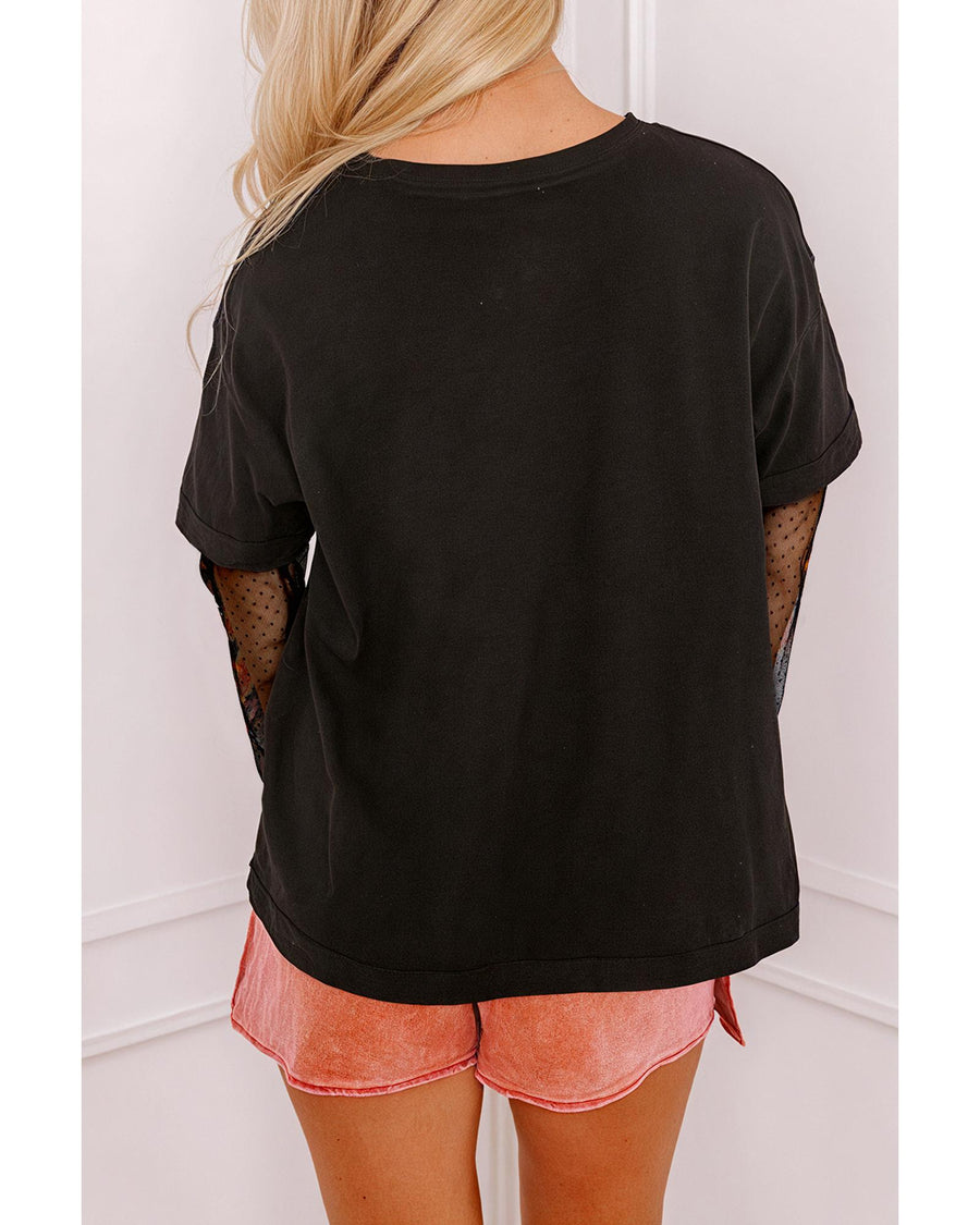Black Faux Two Piece Floral Long Sleeve Patchwork Tee - L