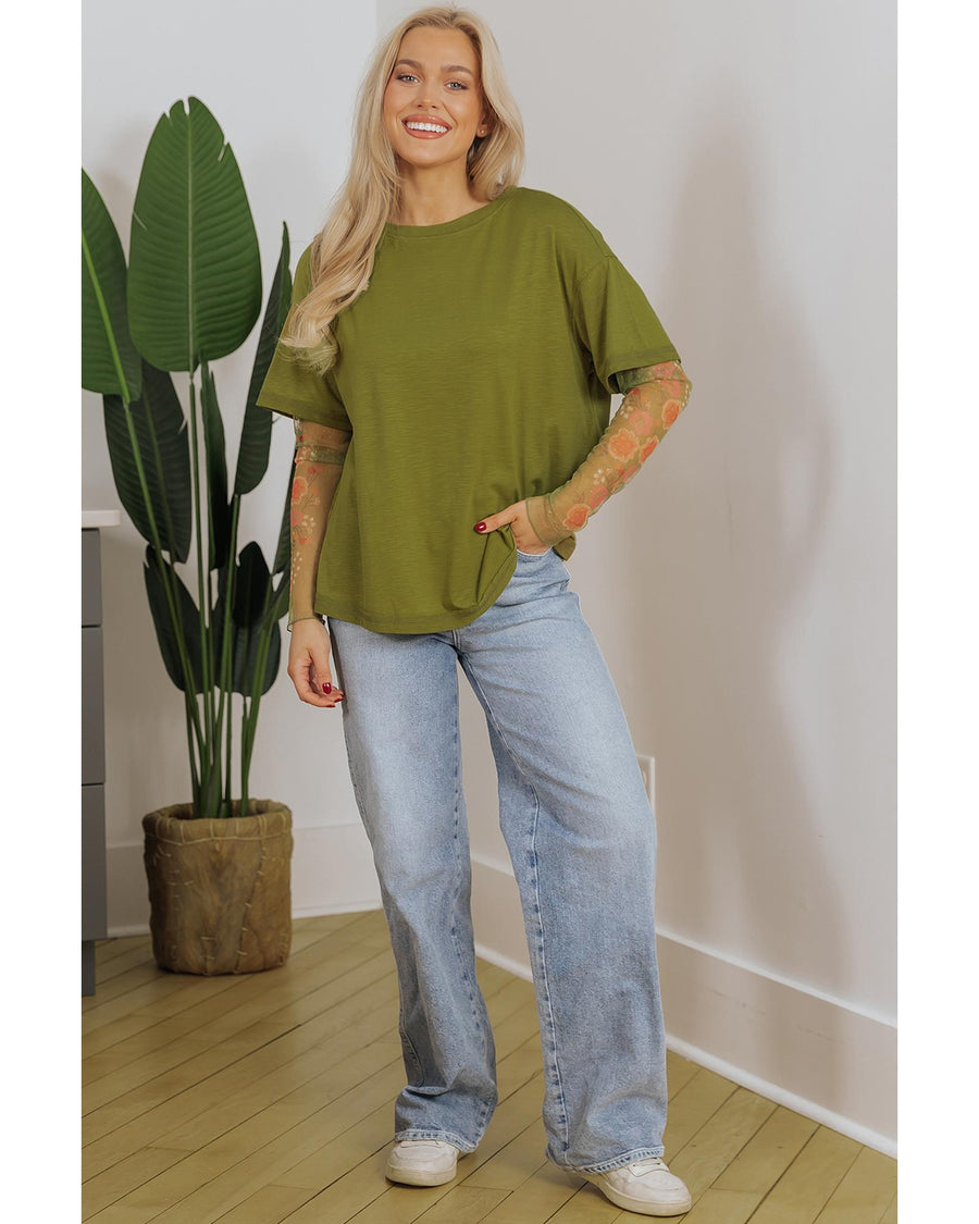 Fern Green Faux Two Piece Floral Long Sleeve Patchwork Tee - L