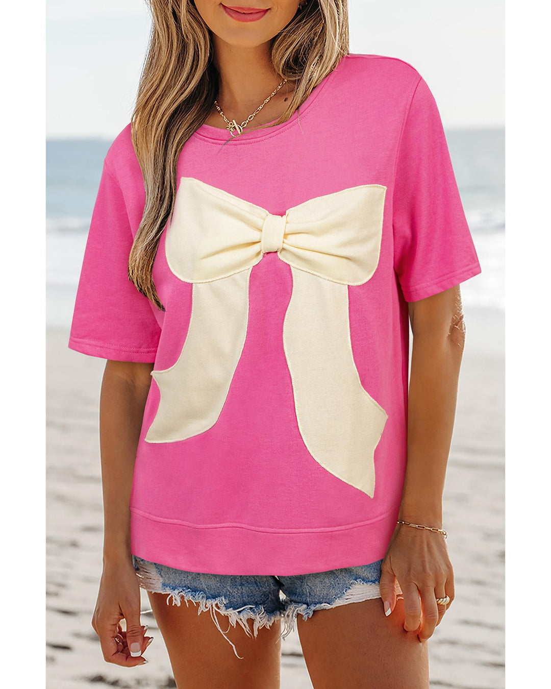 Strawberry Pink Contrasting Color Ribbon Bow Front Patch Loose Tee with Slits - L