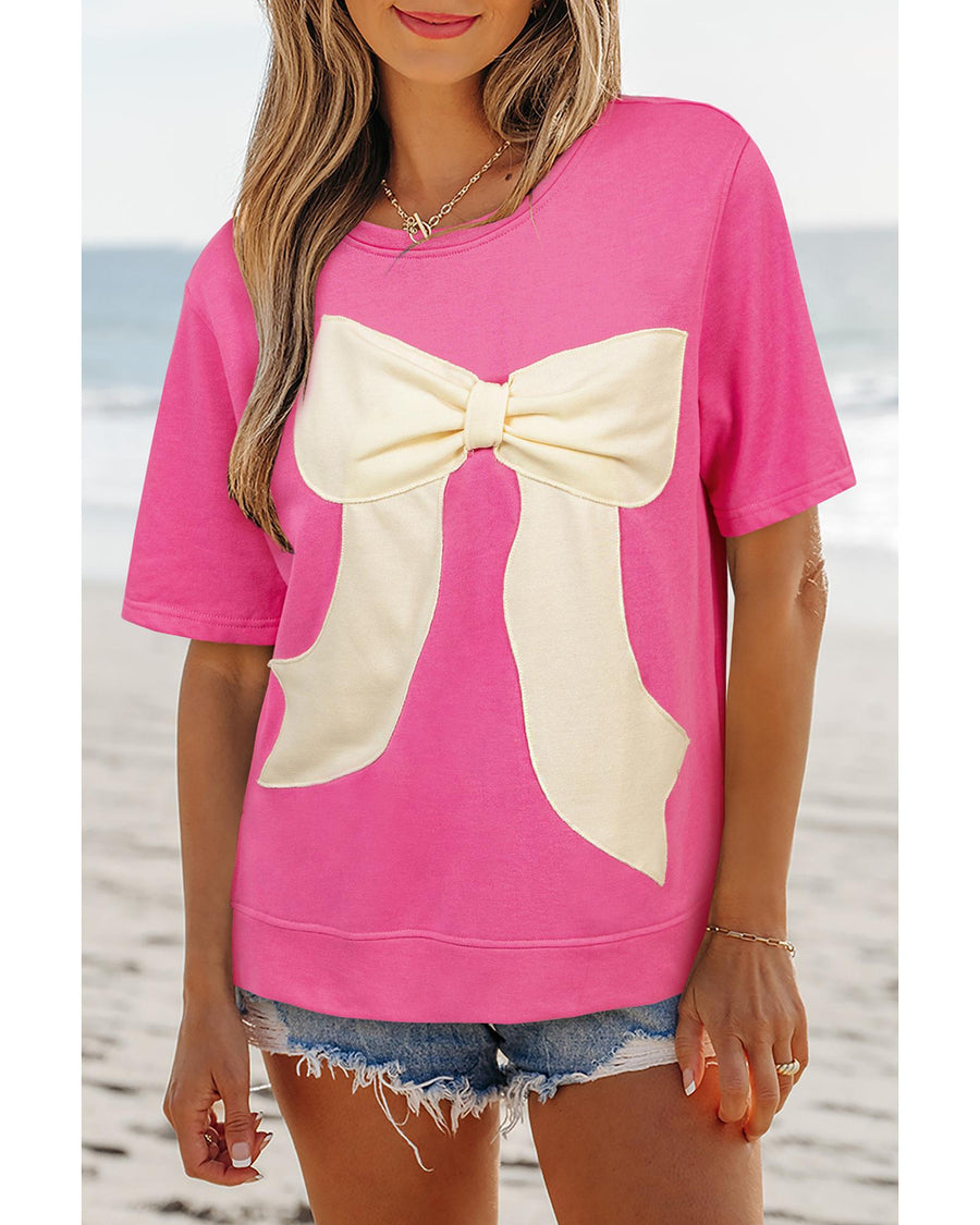 Strawberry Pink Contrasting Color Ribbon Bow Front Patch Loose Tee with Slits - M