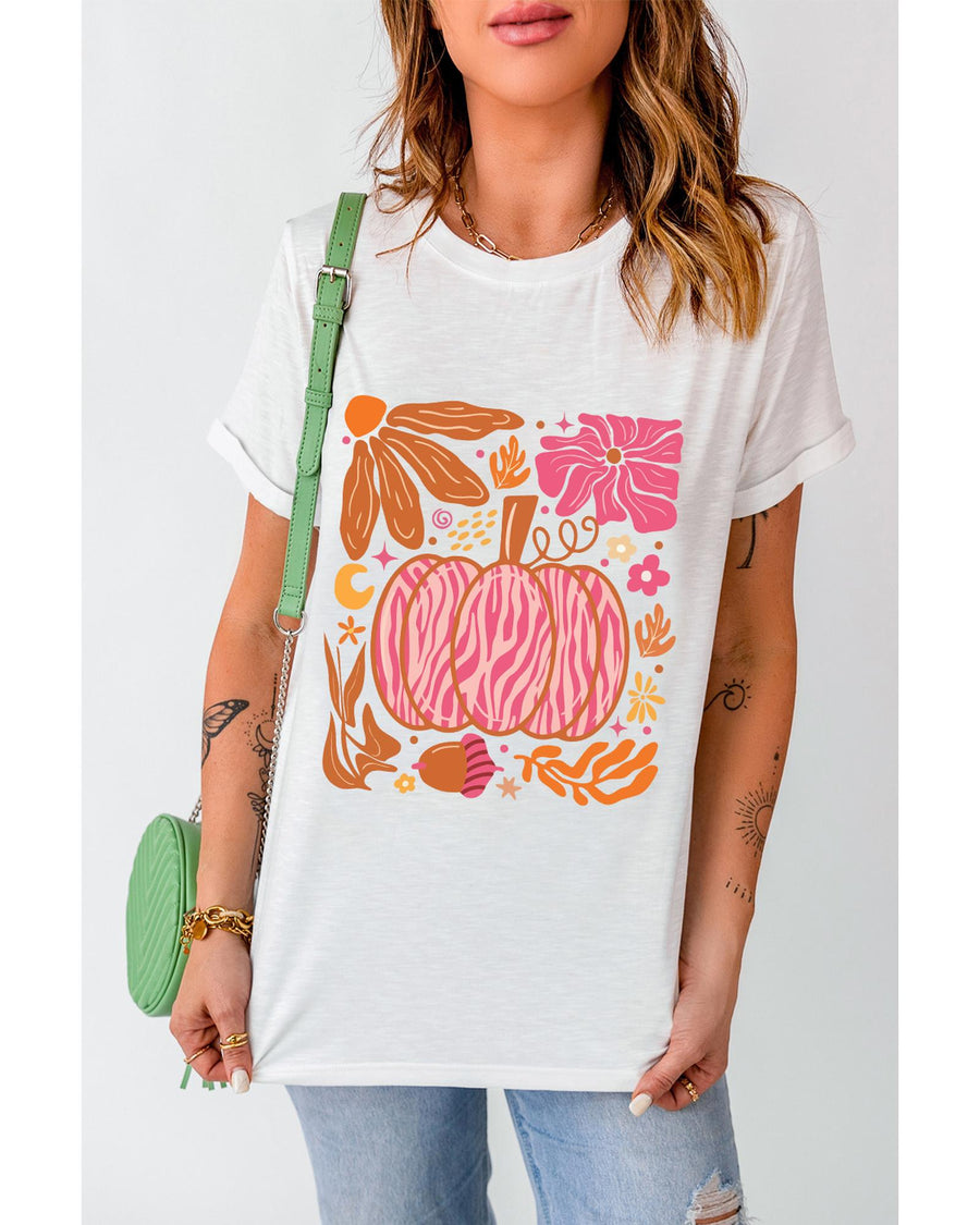 White Floral Pumpkin Printed Crewneck Thanksgiving T Shirt - M
