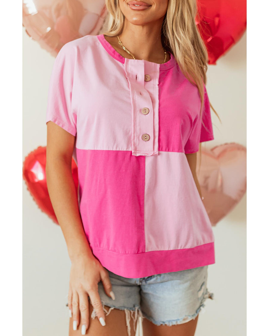 Pink Two Tone Half Buttons Collared T Shirt - L