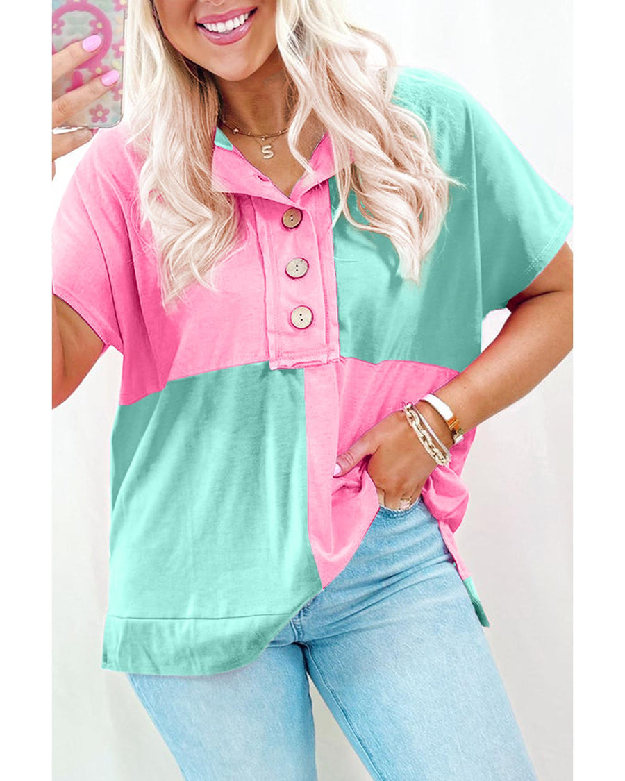 Mint Green Two Tone Half Buttons Collared T Shirt - L