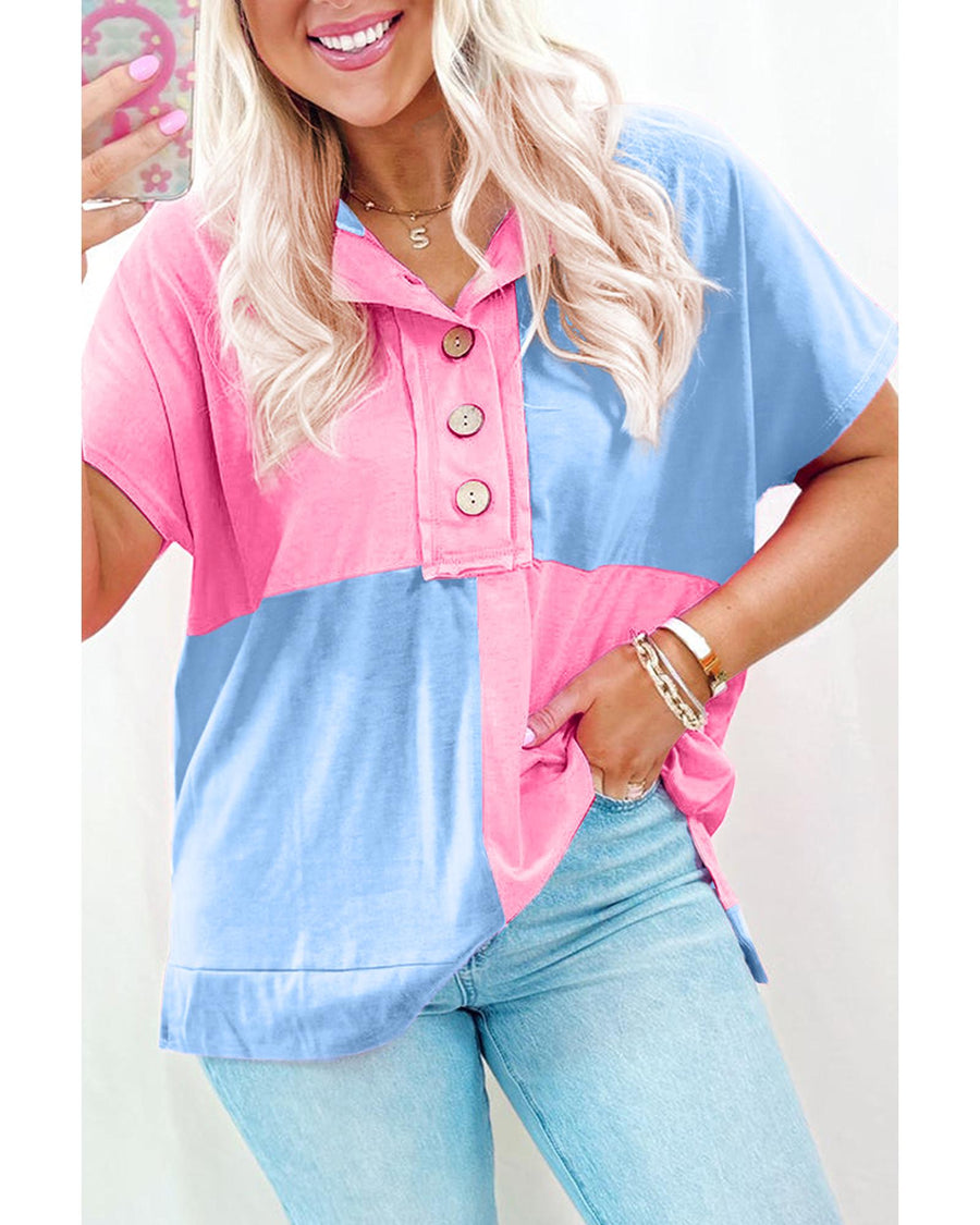 Myosotis Two Tone Half Buttons Collared T Shirt - M