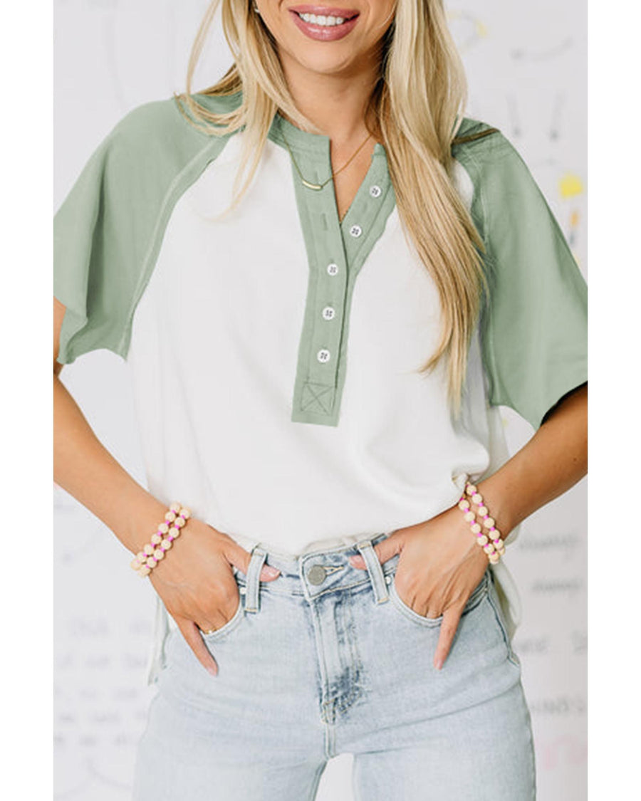 Clearly Aqua Colorblock Raglan Short Sleeve Half Buttons High Low T Shirt - L
