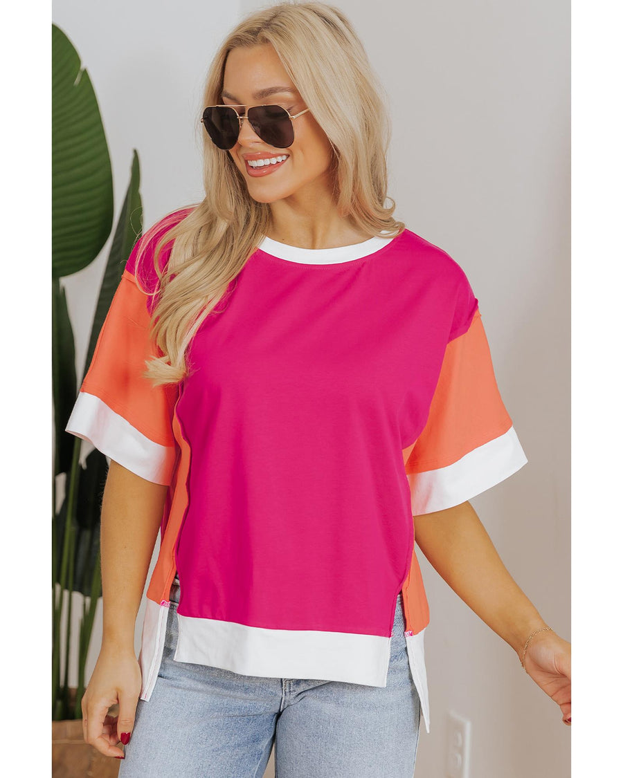 Rose Red Color Block Patchwork Side Slits Loose Fit T Shirt - L