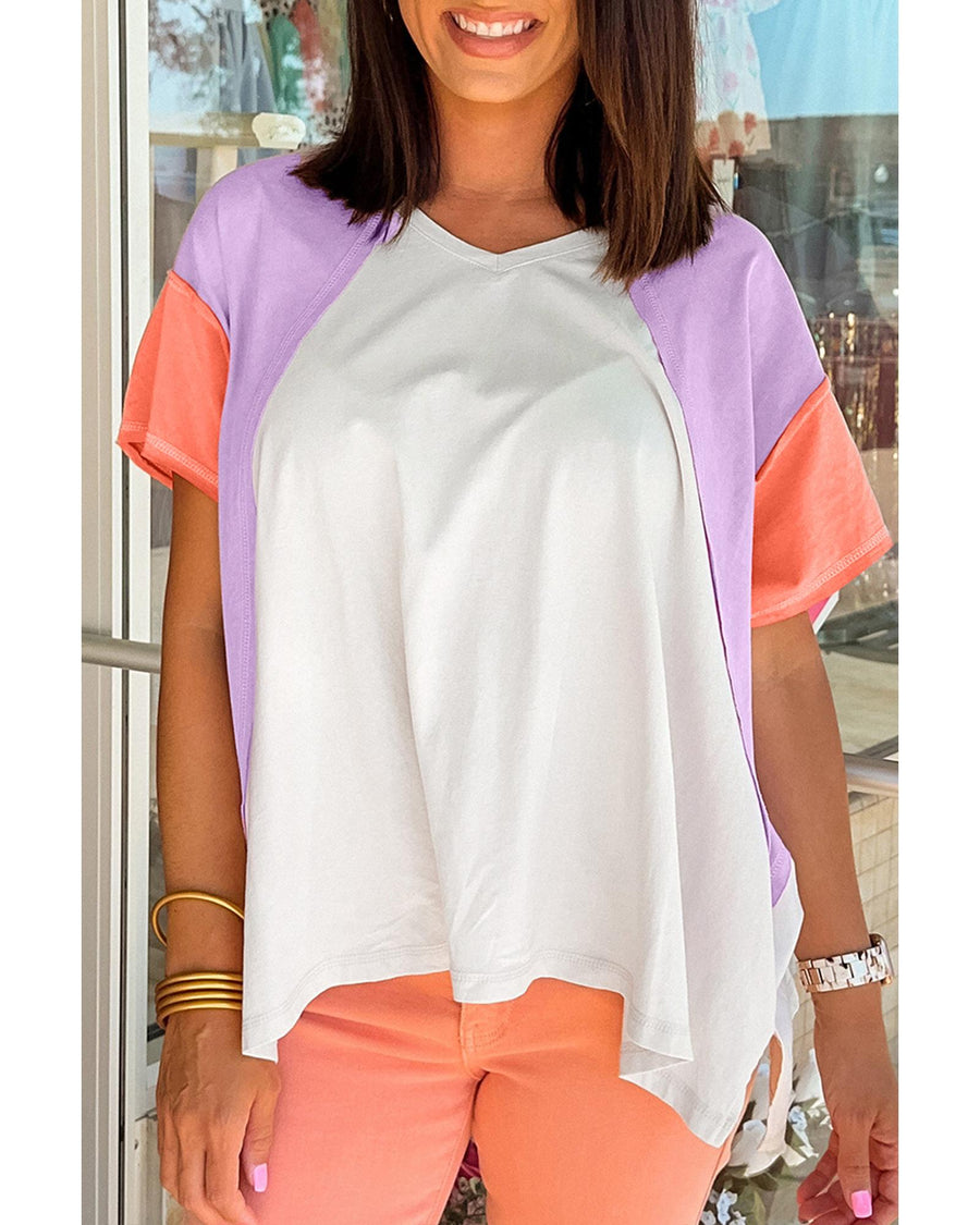 Beige Colorblock Patchwork V Neck Exposed Seam High Low T Shirt - S