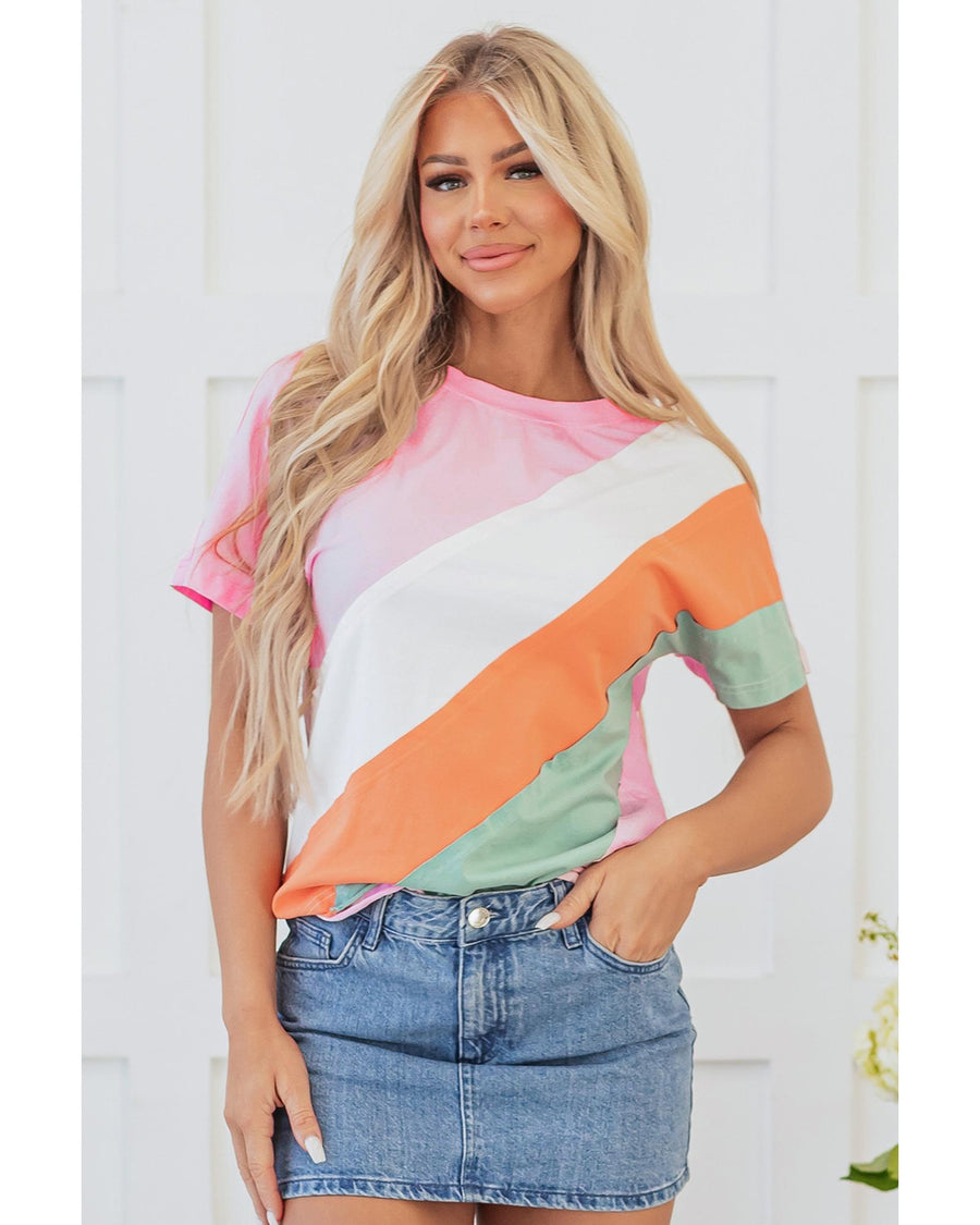 Pink Color Block Patchwork Seamed Crewneck T Shirt - M