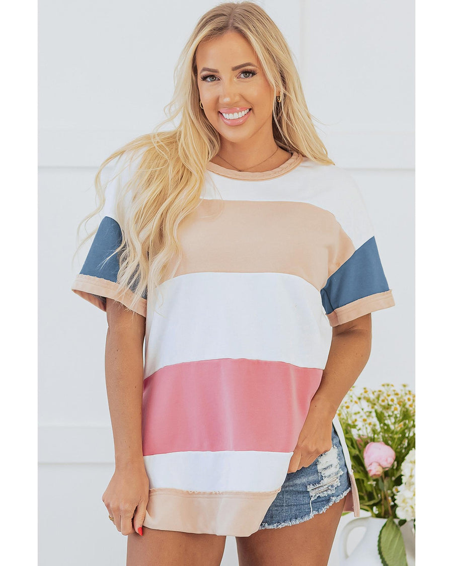 Multicolour Colorblock Patchwork Side Split Tunic T Shirt - XL
