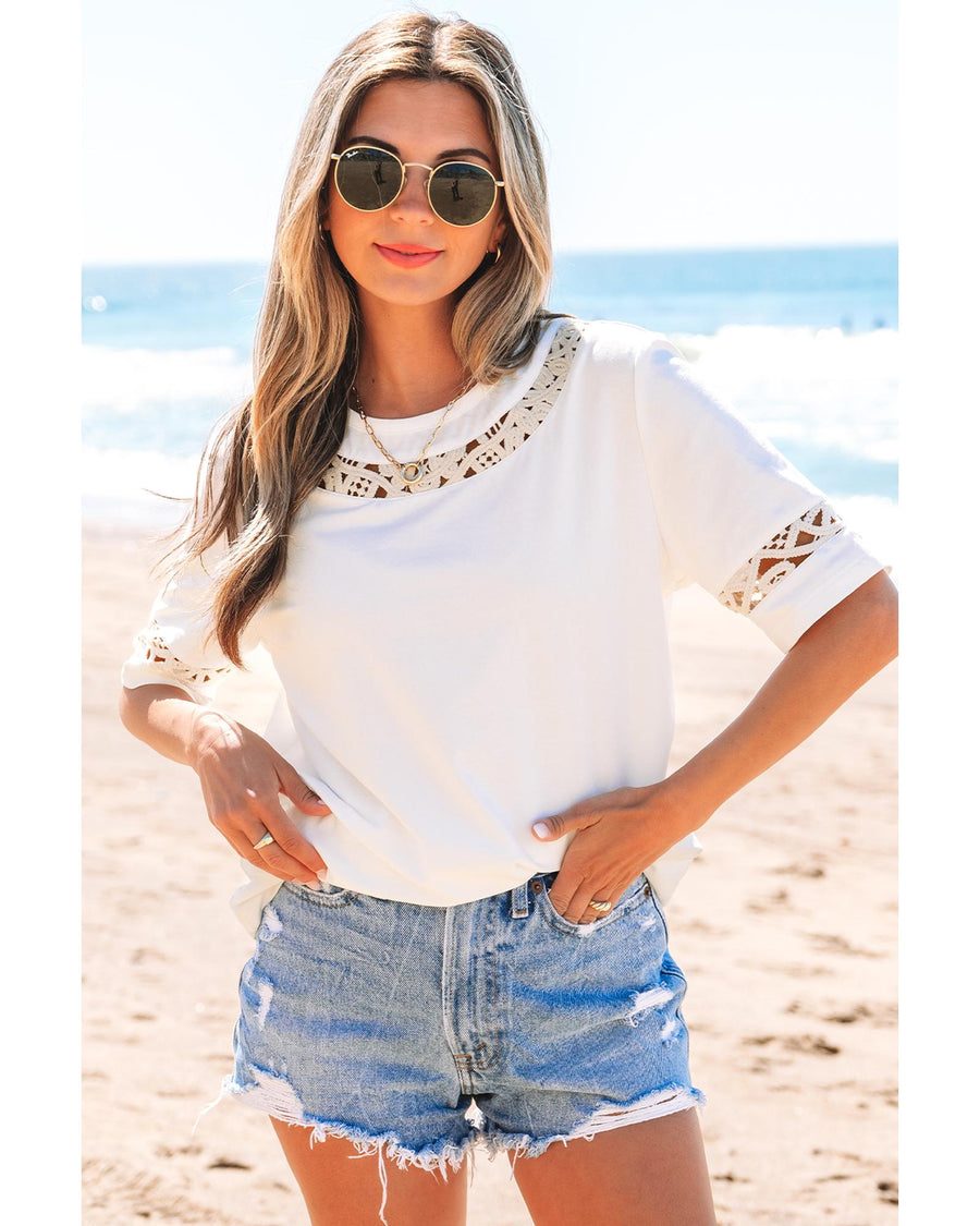 White Lace Crochet Crew Neck Casual T Shirt - M