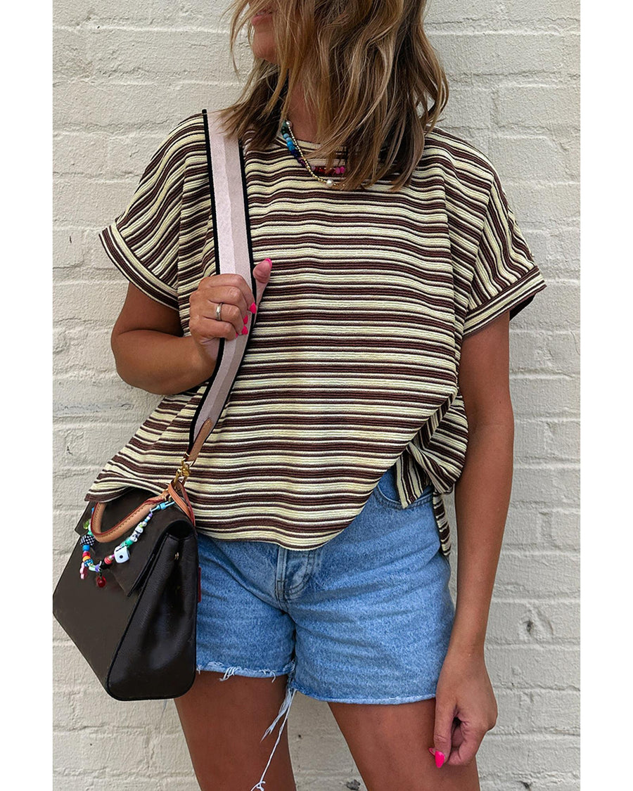 Brown Stripe Textured Side Slits Crew Neck T Shirt - L