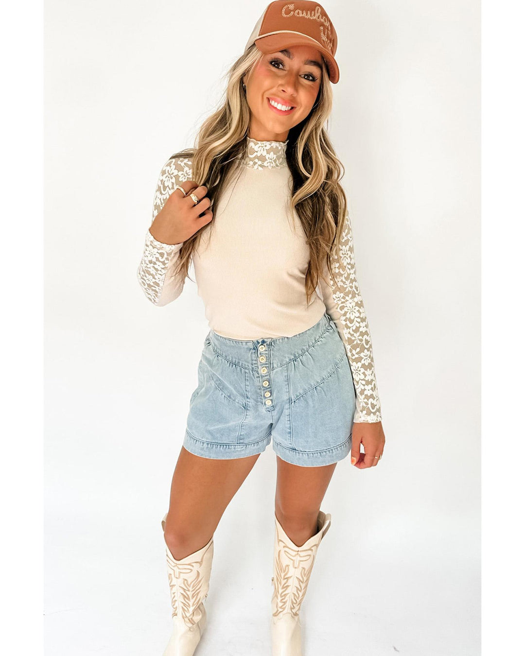 Beige Floral Lace Patchwork Long Sleeve High Neck Slim Top - S