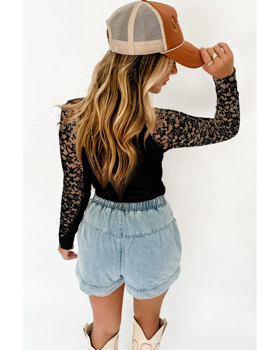 Black Floral Lace Patchwork Long Sleeve High Neck Slim Top - S
