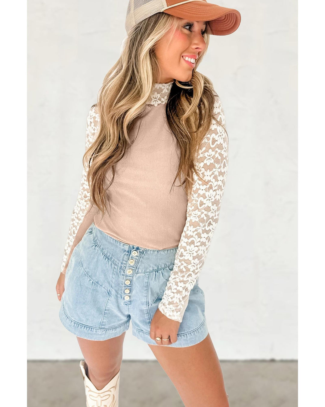 Smoke Gray Floral Lace Patchwork Long Sleeve High Neck Slim Top - M