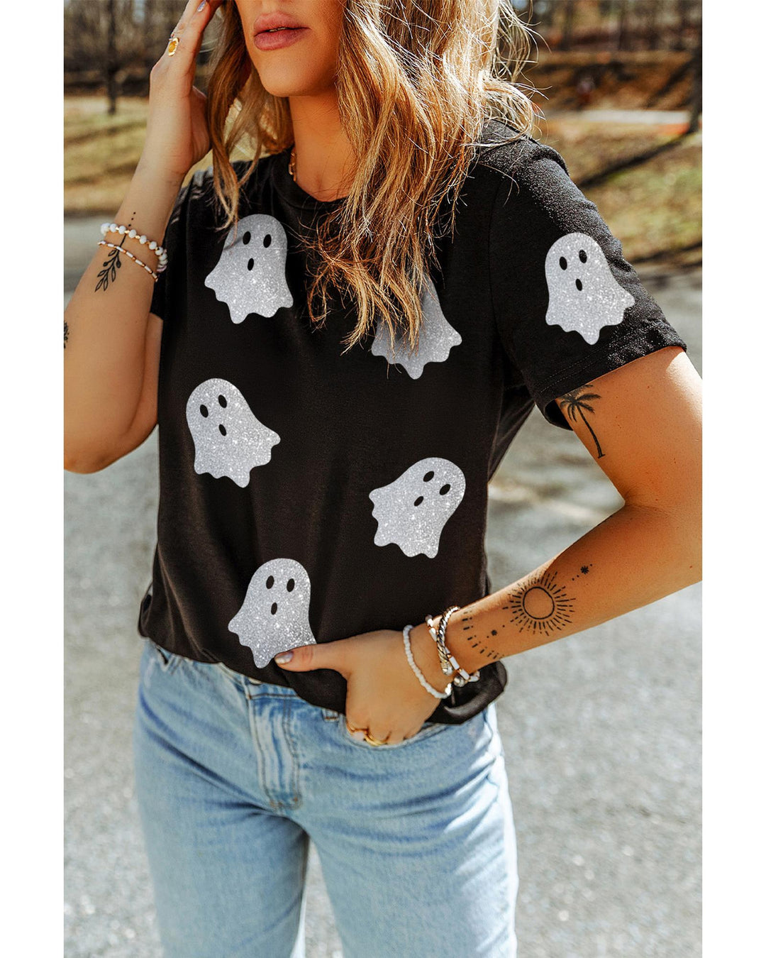 Black Glitter Ghost Pattern Crew Neck Halloween T Shirt - S
