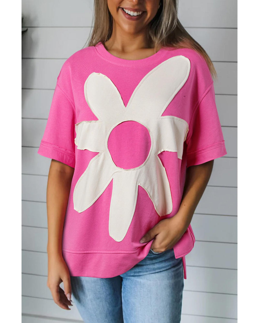 Sachet Pink Contrast Flower Drop Shoulder Loose T Shirt - L