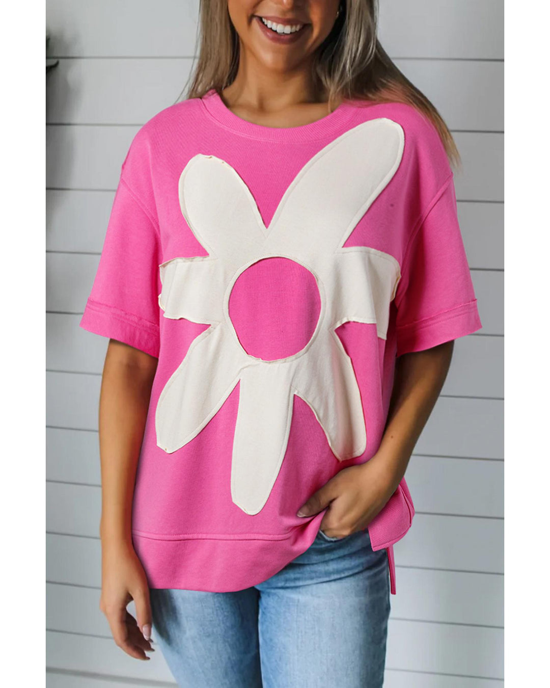 Sachet Pink Contrast Flower Drop Shoulder Loose T Shirt - S