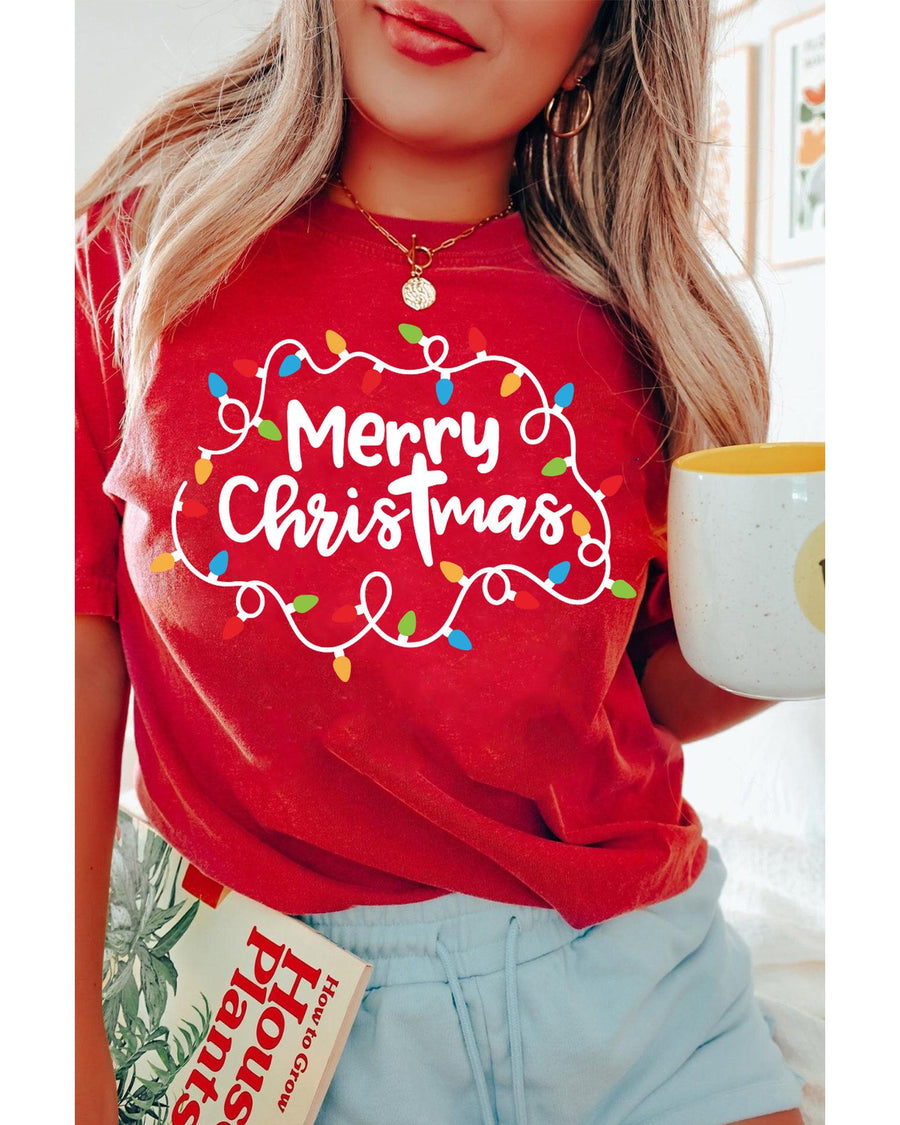 Red Merry Christmas Lights Print Crew Neck T Shirt - XL