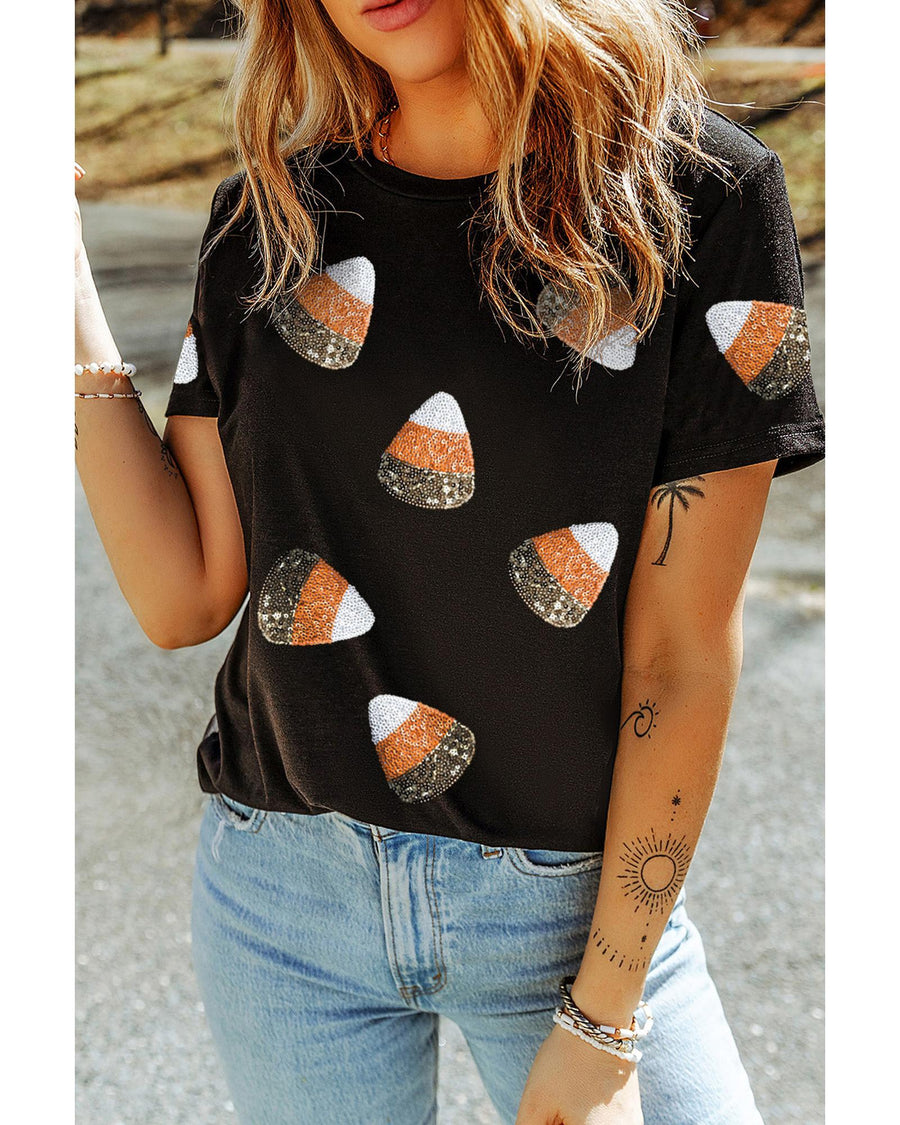 Black Sequin Triangle Patched Pattern Halloween T Shirt - L