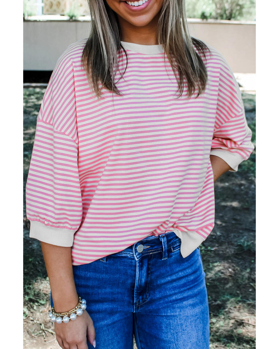 Pink Striped 3/4 Sleeve Drop Shoulder Top - L