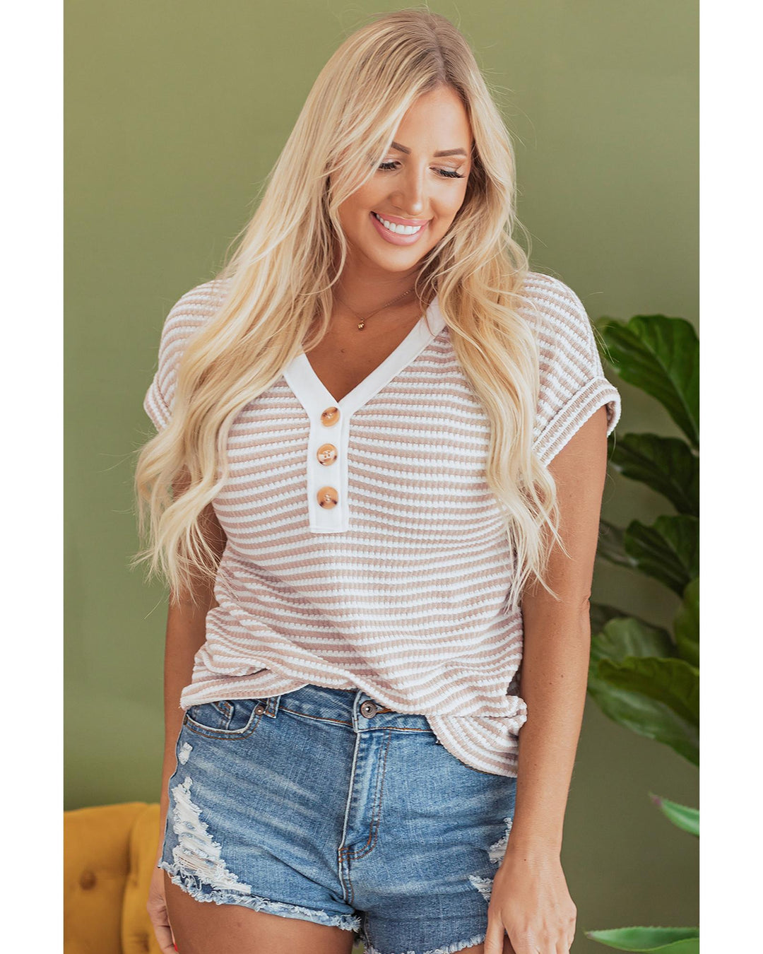 Khaki Stripe Buttoned Front V Neck Knitted T Shirt - L