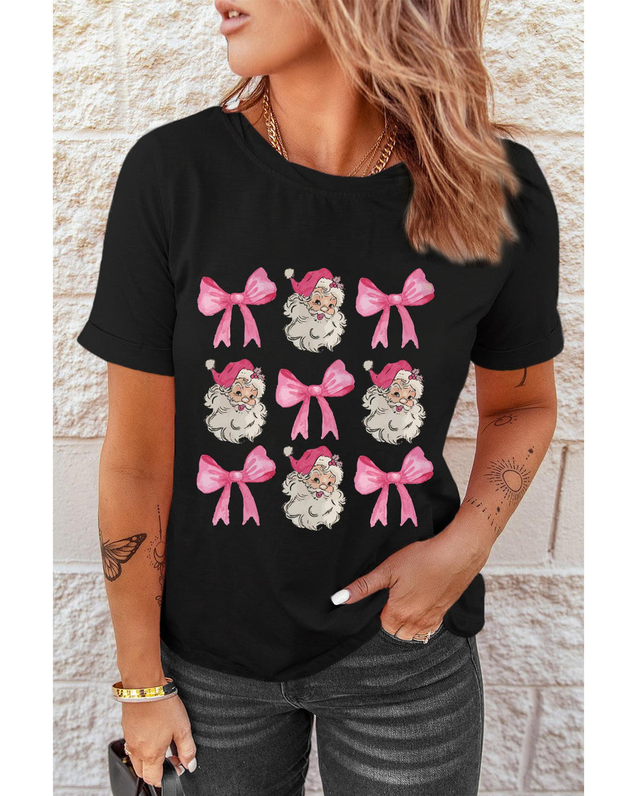Black Santa Claus Bow Knot Christmas Graphic T Shirt - M