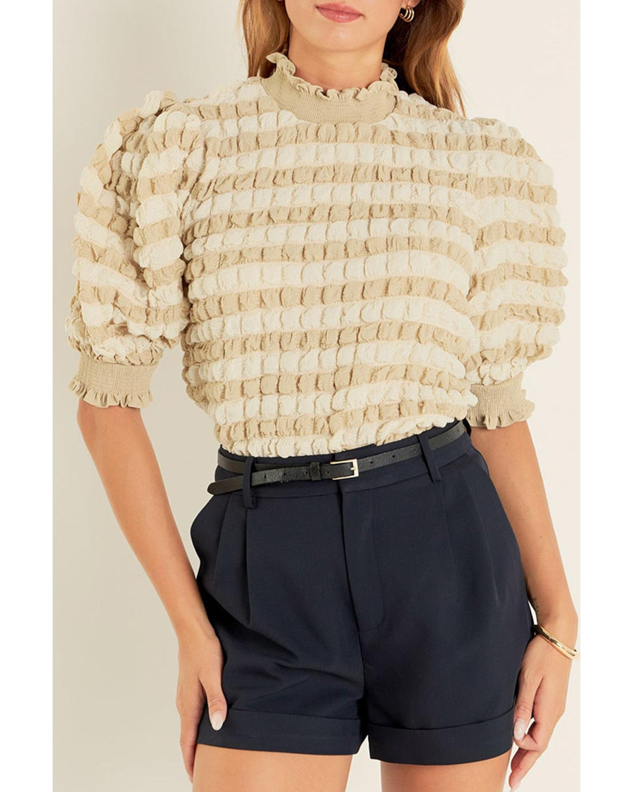 Beige Textured Mock Neck Short Sleeve Blouse - L