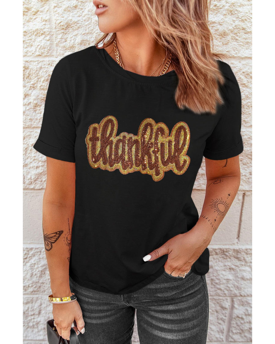 Black Sequined Thankful Round Neck Graphic Tee - 2XL