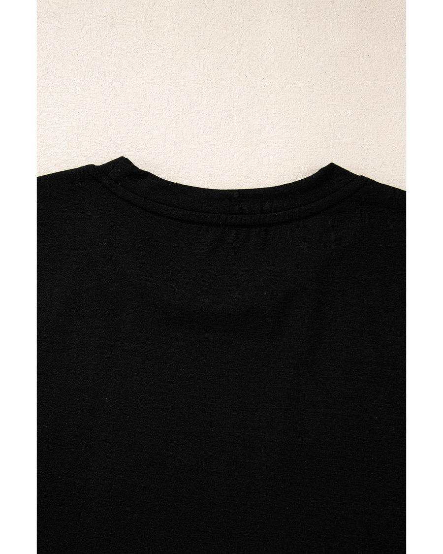 Black Santa Claus Leopard Bow Print Crew Neck Casual T Shirt - M