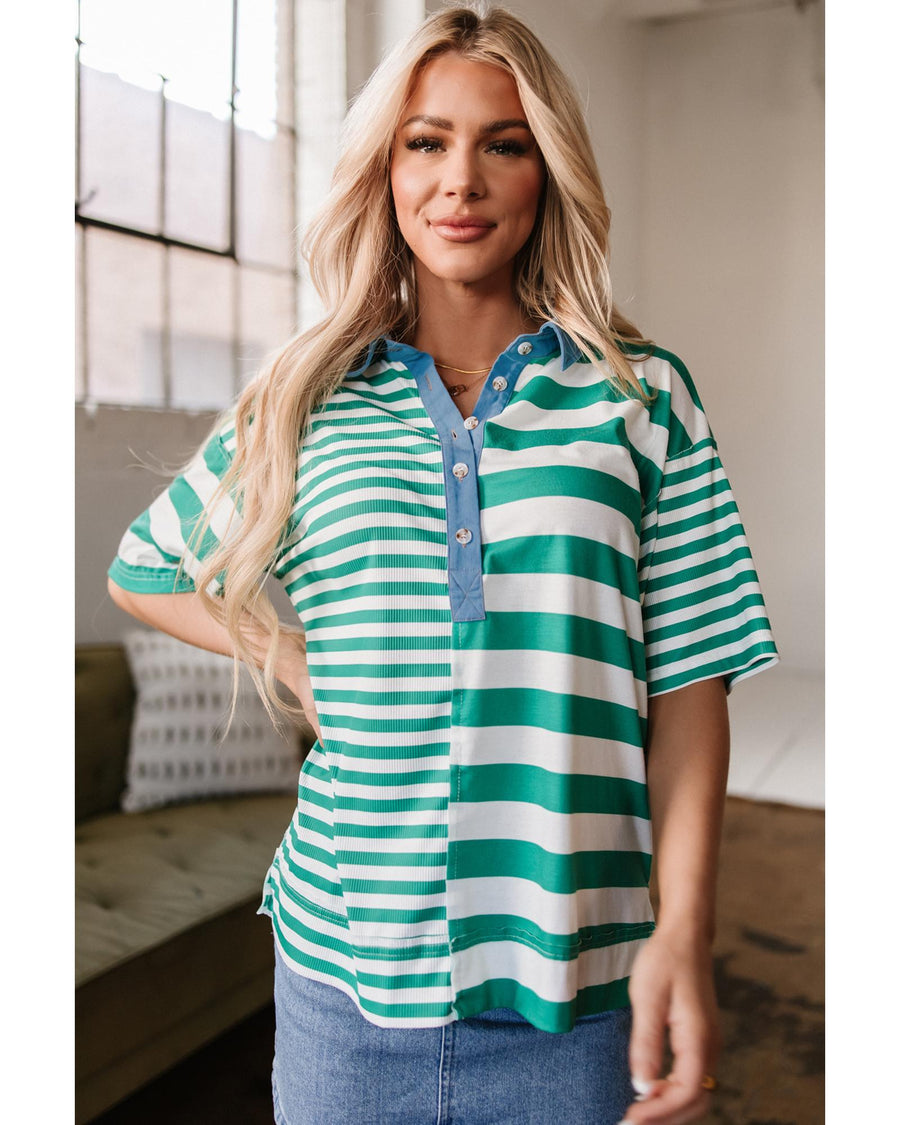Green Stripe Colorblock Collar Half Buttons T Shirt - L
