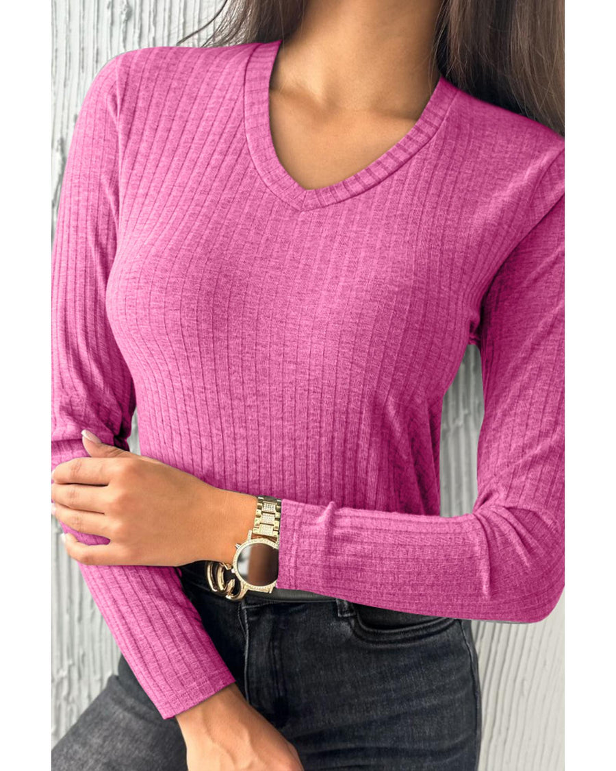 Strawberry Pink Ribbed Knit V Neck Long Sleeve Slim Fit Top - L
