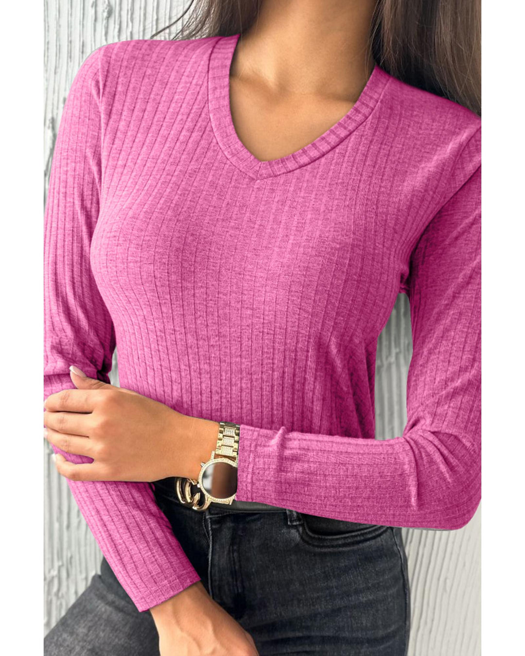 Strawberry Pink Ribbed Knit V Neck Long Sleeve Slim Fit Top - M